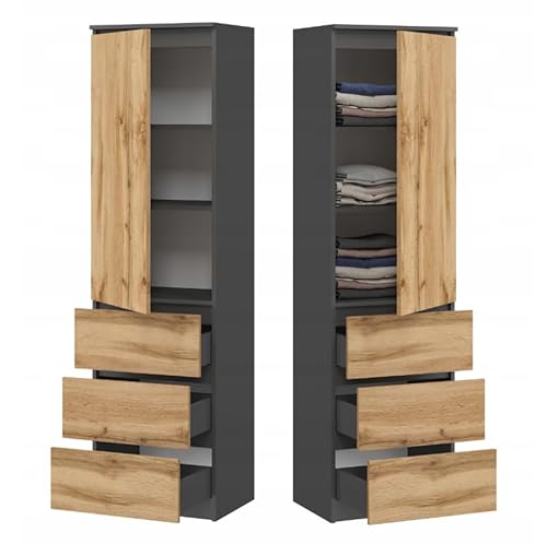 BDW - Kleiderschrank mit Schubladen - Schrank mit 3 Schubladen, Regalen - Garderobenschrank 50 cm breit, 180.5 cm hoch, 40 cm tief - Schlafzimmer, Kinderzimmer, Wäscheschrank - Graphit/Eiche Wotan