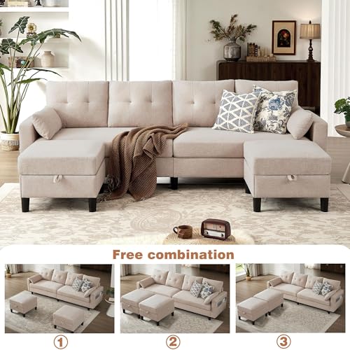 Image of 101 inch Sectional Sofa U Shaped Couch with Storage Ottomans, 4 Seater Convertible Couches for Living Room | Linen Fabric | 2 Movable Ottoman Reversible Chaises | Sectional Couch Set, Beige