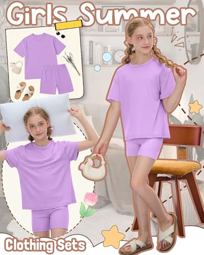 Image of Oakgarden Summer Outfits for Girls 5-14Y Athletic Casual Sets Kid Short Sleeve Shirt Bike Shorts 2 Piece Tween Trendy Clothes