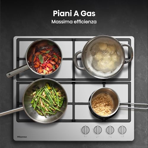 Hisense GM663XHFSI Piano Cottura a Gas, 4 Zone di Cottura, larghezza 60 cm, Bruciatore Wok Doppia Corona e Griglie in Ghisa, Accensione Integrata, Inox Anti Impronta 60x52x8,9cm - Immagine 4