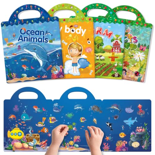 GUYUCOM 4 Pack Reusable Sticker Books Toys for Age 2 3 4 Year Old Kids Boys Toddlers 3D Clear Ocean Boay Insect Farm Sticker Book Educational Learning Toy Birthday Gifts