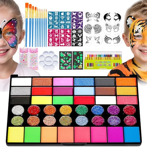 Face Painting kit for Kids Aldult 42 Colors Non Toxic Face Paint with 16 Face Paint Crayons 6 Reusable Face Painting Stencils 60 Sticky Stencils for Kids 4 Stickers for Parties Halloween