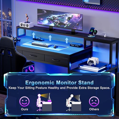 Image of REAHOME 61 Inch Gaming Desk with Charging Station and LED Lights, Reversible Computer Desk with Storage Drawer and Monitor Stand, Modern Desk Table with File Cabinet & Side Pocket, Carbon Fiber Black
