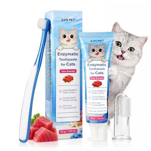 GJYC PET Cat Tooth Brushing Kit - 55g Tuna Flavor Enzymatic Cat Toothpaste - Dental Care Set with Soft Bristles Toothbrush & Finger Brush for Cat Teeth Cleaning, Plaque & Tartar Control, Fresh Breath