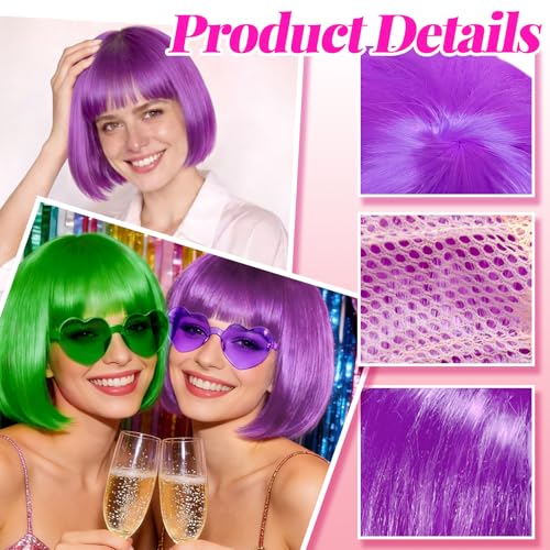 Image of DAJOOEE 2 Pack Party Wigs Wig Cap and Sunglass Set,Short Bob Hair Wigs Straight with Flat Bangs Synthetic Colorful Cosplay Daily Party Neon Wig for Women (Green Purple)