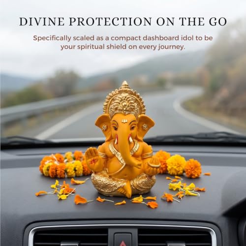 Image of Golden Legacy Orange and Gold Ganesha Idol - 3.5 Inch Divine Seated Ganpati Statue with Premium Finish for Home Mandir, Office Desk, and Car Dashboard - Auspicious Vastu Home Decor and Spiritual Gift