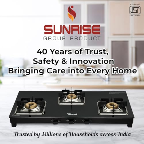 Image of Golden Surya 3 Burner Toughened Glass Gas Stove (CXJ-32 MS Pride) | Manual Ignition | ISI Certified | 18 Months Warranty | LPG Cooktop for Kitchen