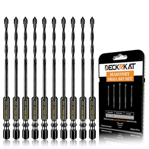 DECKRKAT 10-Piece 5/32 Carbide Masonry Drill Bits for Concrete Brick Tile - Black Hex Shank Set w/Heavy-Duty Case Quick Change Fit Drill Driver