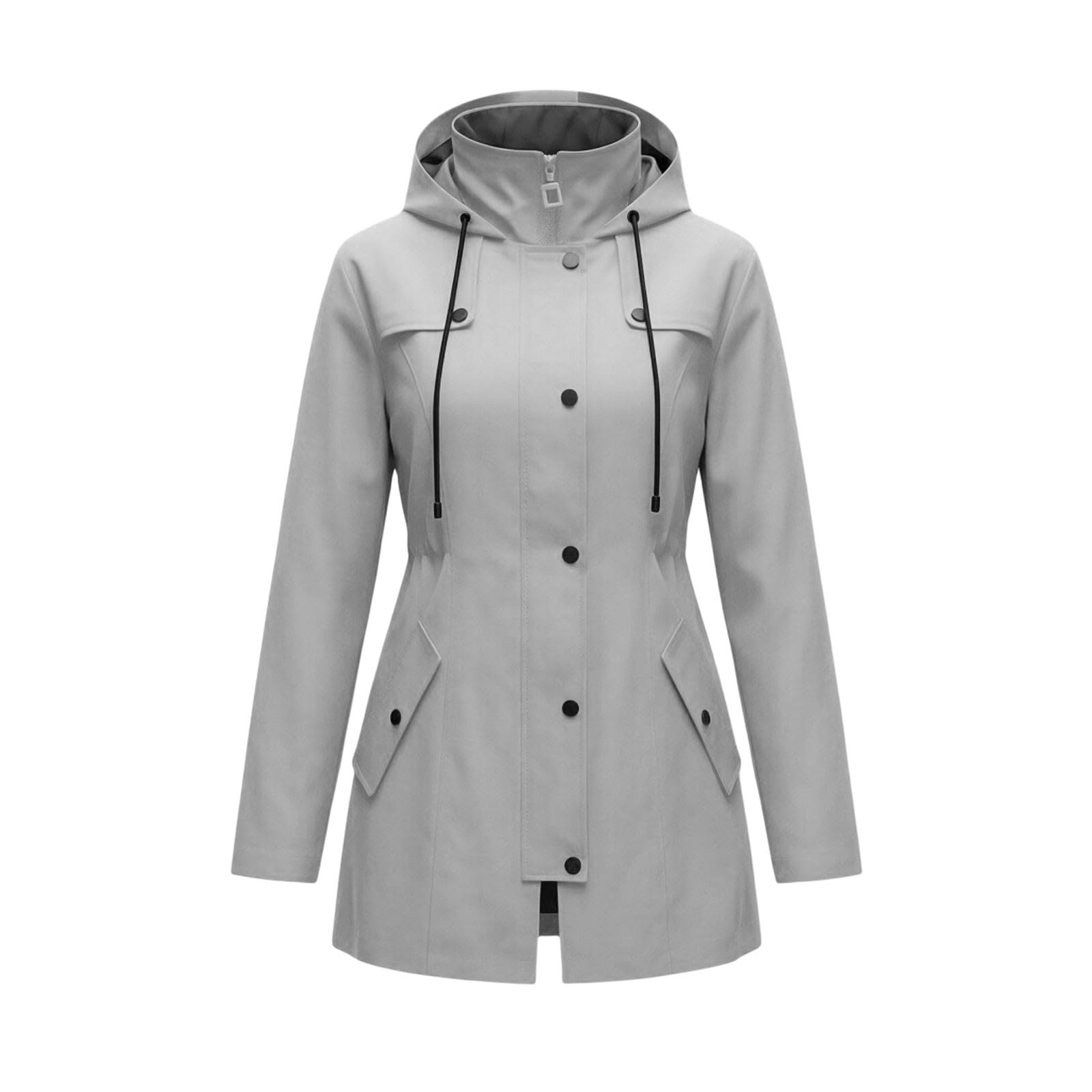 Regenjacke Damen Lang Wasserdichte Atmungsaktive Kapuzenjacke Outdoor Windjacke Knopf Reißverschluss 2 in 1 Wanderjacke Herbst Jacke Übergangsjacke Moderne Freizeitjacke Einfarbige Mantel mit Kapuzen