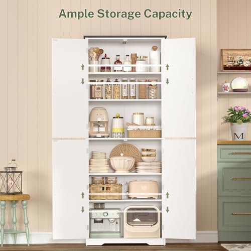 Image of TEENFON Tall Pantry Cabinet, Kitchen Cabinet with 4 Shelves, Adjustable Shelves, Pantry Cabinets with 4 Barn Doors, Tall Kitchen Cabinets for Dining Room, Living Room, White