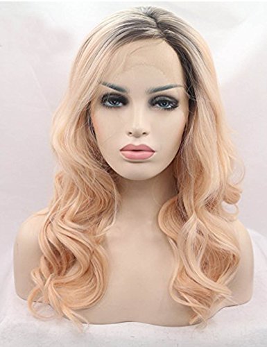 Ombre Pink Lace Front Wigs Synthetic 2 Tones Dark Roots Long Wavy Synthetic Wig For Women Heat Resistant Fiber Hair 22 inches