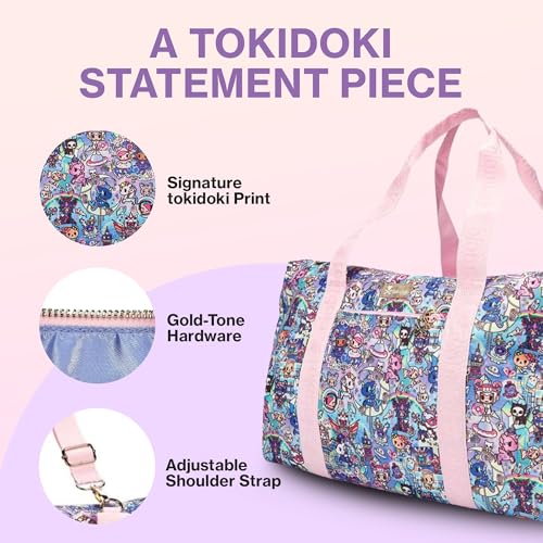 tokidoki - Travel Duffel Bag Carry-On Weekender - Double Zip Compartments, Padded Device Pocket, Adjustable Strap, Exterior & Interior Pockets - Gold Hardware, Periwinkle Lining4