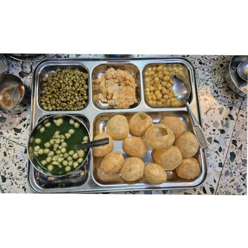 Image of HAZEL Stainless Steel 5 Compartment Mess Plate | Rectangle Bhojan Thali with Square Holes, Set of 1