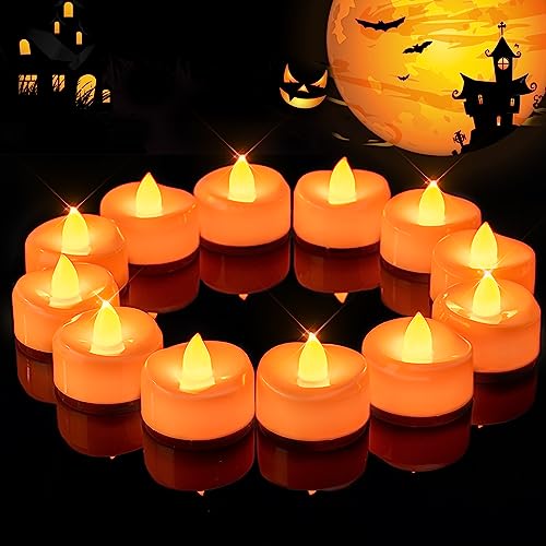 Image of merrynights Halloween Flameless Candles, 12-Pack Orange Tea Lights Candles Battery Operated, LED Pumpkin Lights Flickering, Electric Fake Tealight Candles, 1.5'' D X 1.25'' H