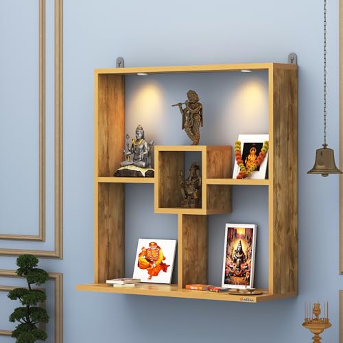 Image of Anikaa Shelly LED Light Wall Mounted Hanging Puja Temple Shelf Stylish Wood God Stand for Pooja Room Mandir Stand for Temple (Giantwood) D.I.Y (Giantwood)