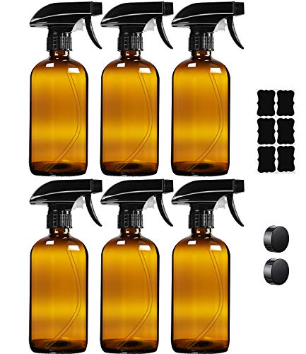 Empty Brown Glass Spray Bottles 6-Pack, Refillable 16 oz Containers for Essential Oils, Cleaning Products, Aromatherapy, Misting Plants, or Cooking - Reliable Sprayer with Mist and Stream Settings