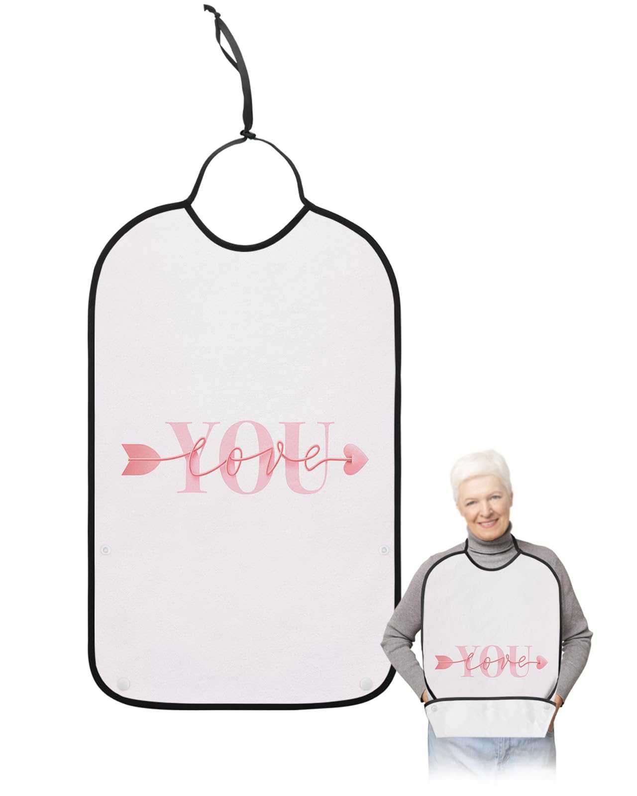LEOKOTI Pink Love Heart Adult Bibs for Eating, Waterproof Bibs with Food Catcher & Adjustable Snap Closure, Love You Valentines Washable Clothing Protectors Adult Bibs for Elderly Women/Men