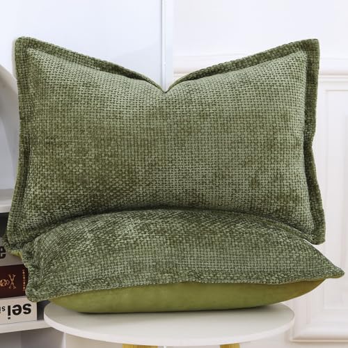 Image of MADIZZ Decorative Chenille Velvet Throw Pillow Covers Set of 2 Soft Boho Textured Neutral Couch Throw Pillow for Bed Modern Farmhouse Home Decor for Sofa Livingroom Moss Green 12x20 Inch