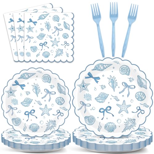 96pcs Scalloped Coastal Party Supplies Tropical Blue Bow Starfish Seashell