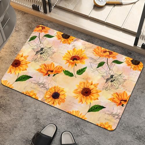 ZHUZHISHAN Alfombra de baño, diseño vintage de girasol, antideslizante, de secado rápido, súper absorbente, fina, para debajo de la puerta, fácil de limpiar, alfombra de ducha para ducha, fregadero y
