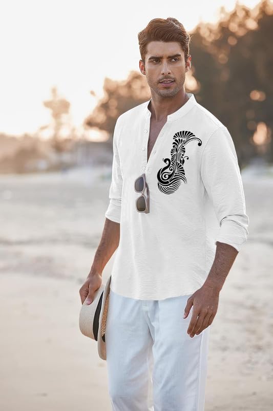 Image of FINIVO FASHION Men's Printed Cotton Blend Short Kurta with Artistic Chest Design | Stylish Full Sleeve Casual Kurta with Mandarin Collar for Daily, Travel Soft Textured