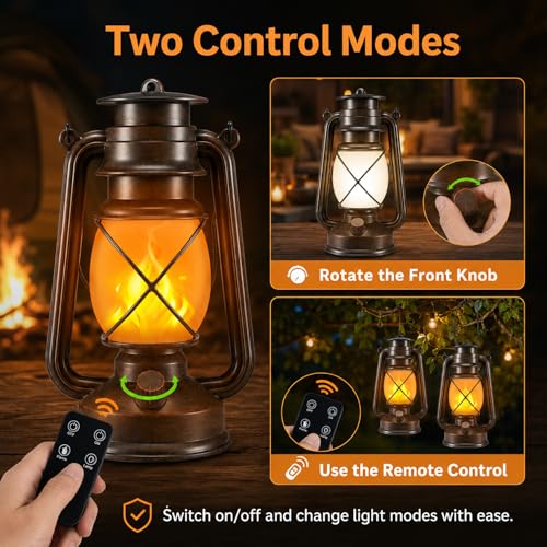 Image of Battery Powered Vintage LED Lanterns 4 Pack with Remote Control, 2 Lighting Modes Flickering Flame Steady Light, Hanging Lanterns for Patio Garden Porch Camping Indoor Outdoor Decor Halloween