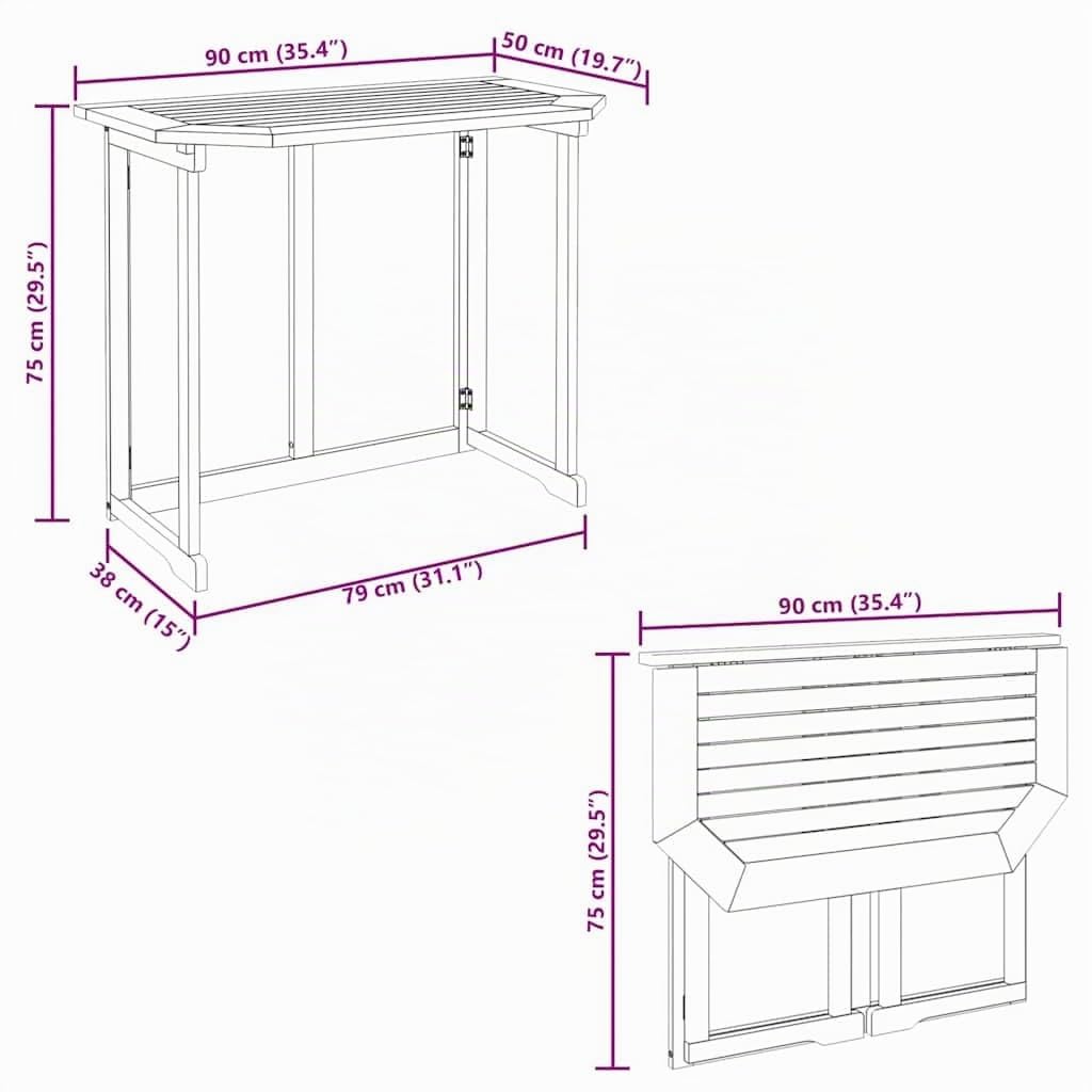 vidaXL Mesa Plegable para Balcón Mobiliario de Terraza Madera Maciza de Acacia