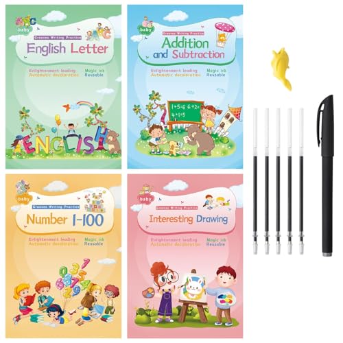 Magical Handwriting Workbooks Handwriting Practice Copybook, Handwriting Aid Magic Pen Reusable Copybook Grooves Template Design for Children Books Suitable for Children's Learning (4)