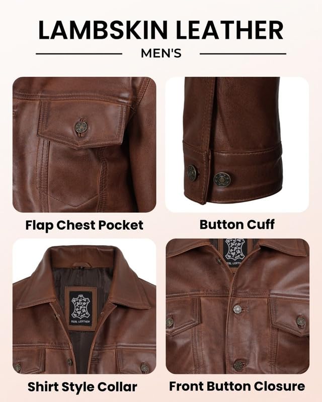 Image of Blingsoul Men's Leather Jacket - Real Full-Grain Lambskin Trucker Jacket for Men