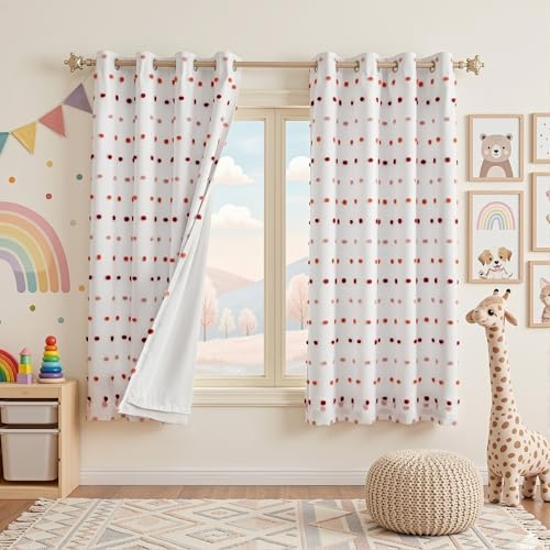 Image of MEETSKY Kids Blackout Curtains for Girls Bedroom,Pom Pom Curtains 50x63 in | 100% Blackout Light Blocking Drapes,Nursery Curtains,Room Darkening,Thermal Insulated Grommet Drape,Red,Cute,2 Panels Set