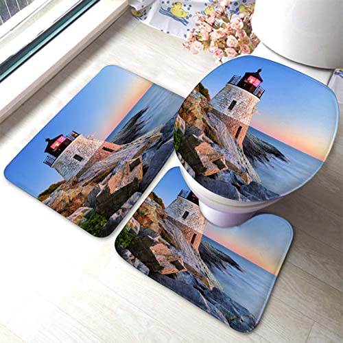 Badezimmerteppich-Set, 3-teilig, Leuchtturm-Meer, waschbare Badeteppiche, rutschfest, mit Rückenpolster, Konturteppich und Toilettendeckelbezug