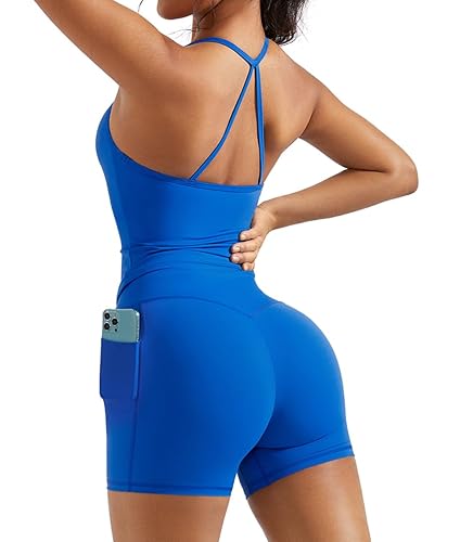 OMKAGI 2 Piece Workout Sets for Women Padded Sports Bra Tank Booty Gym Shorts with Pockets - 4.5Inch Short Set - Medium - 284-blue