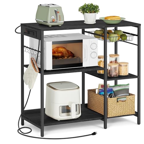 Image of VASAGLE Baker's Rack, Coffee Bar Stand with Charging Station, 35.6 Inches Tall, Storage Shelves, Pull-Out Wire Basket, Table for Microwave, Kitchen, Charcoal Gray and Ink Black UKKS036B22