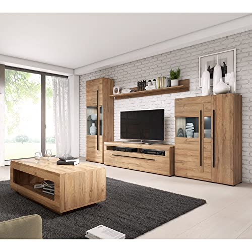 Lomadox Wohnwand Eiche Grandson Nb. inkl. Beleuchtung und Couchtisch moderner Stil mit Glas Einsätzen und Metallgriffen, B/H/T: ca. 320/204/50 cm
