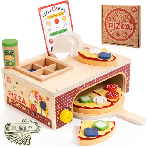 Wooden Pizza Toy - Montessori Pretend Play Food for Ages 3+ Educational Learning Toy Wooden Playset with Bake Oven Christmas Birthday Gift for 3 4 5 6 Year Old