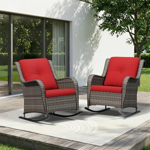 Image of Patio Rocking Chairs Set of 2, Outdoor Wicker Patio Furniture Set 2 Pieces with Thickened Olefin Cushions, High Back and Deep Seating, Hand-Woven PE Rattan for Porch, Deck, Red