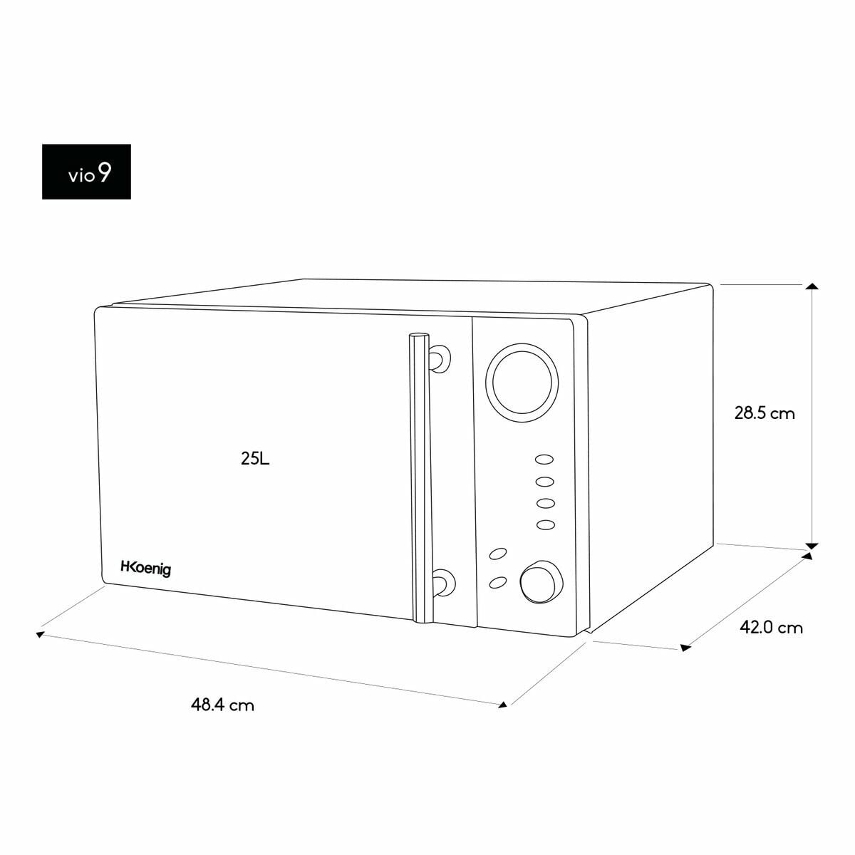 H.Koenig VIO9 – Micro‑ondes multifonction, 25L, 1000W, Plateau tournant 27cm, 10 modes de cuisson, Décongélation Express, Minuterie jusqu’à 30 min, Ecran LCD, Design miroir noir
