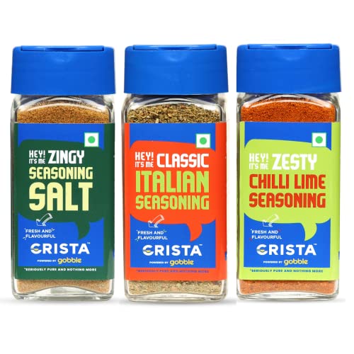 Image of CRISTA International Multipurpose Seasonings Combo Pack | Seasoning Salt x 1, 50 gms | Chilli Lime Seasoning x 1, 50 gms | Italian Seasoning x 1, 40 gms | Pack of 3 | No added Colours & Preservatives