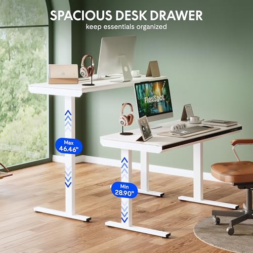 Image of FLEXISPOT One-Piece 48 inch Standing Desk with Acrylic-Front Drawer, Fast-Assembly Ergonomic Sit-to-Stand Desk with MDF Top, 4 Height Memory Presets Touch-Control, Home Office Computer Workstation, White