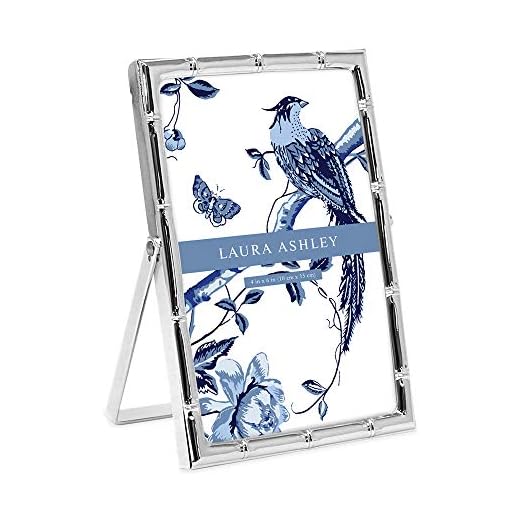Laura Ashley 4x6 Silver Bamboo Metal Picture Frame (Vertical) with Pull-Out Easel Stand, Made for Tabletop, Counterspace, Shelf and Desk