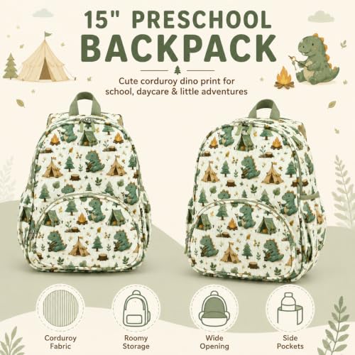 Image of LOIDOU Kids Preschool Backpack for Boys, 15 Inch Dinosaur School Bag, Lightweight Water-Resistant Kindergarten Backpack with Chest Strap for Ages 4-8