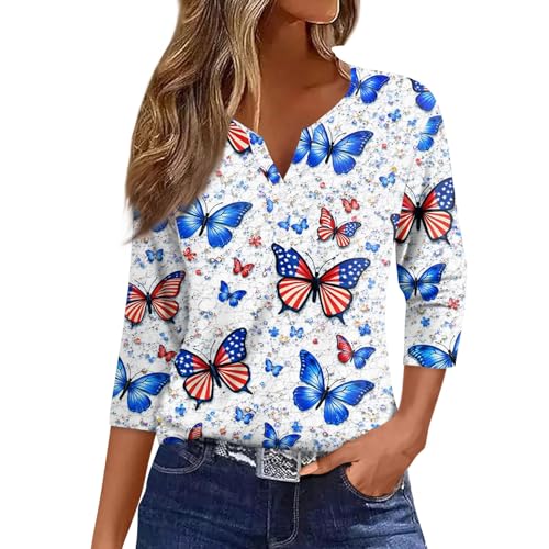 Image of 4th of July Shirts Women 3 /4 Length Sleeve Womens Tops Henley Neck Casual Patriotic T Shirts