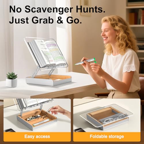 Image of Book Stand with Storage, Book Holder for Reading Hands Free, Wooden Cookbook Stand for Kitchen Counter, Adjustable Reading Stand for Desk, Recipe Stand, Book Prop for Book Lovers (Clear)