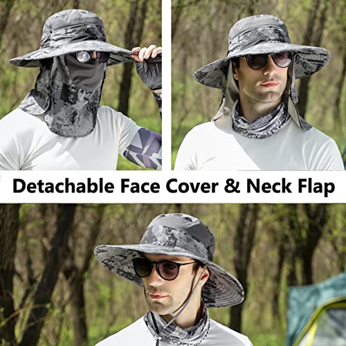 Image of UPF 50+ Sun Fishing Hat for Men Women Wide Brim Hat with Detachable Face Cover & Neck Flap