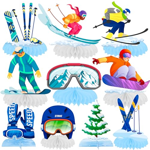 Skiing Honeycomb Centerpieces 11Pcs Ski Birthday Party Decorations Ski Party Decor for Baby Shower Winter Skiing Party Table Centerpieces Sport Skier Centerpieces for Table