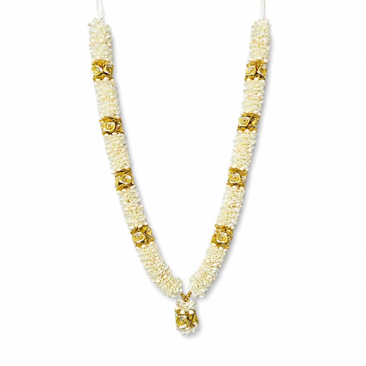 Premium Artificial Flower Mala with Gold Rose Accents, White, Soft Fabric, 56 cm Length, for Idols, Photo Frames and Weddings(Cream,Gold)-image-2