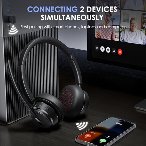 Image of Mopchnic Wireless Headset with Noise Cancelling Microphone, On-Ear Bluetooth Headset with USB Dongle, Mute Function & Charging Base, Wireless Headphones for Work from Home (Dark Gray)