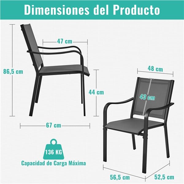 Yaheetech Juego de 6 Sillas de Jardín de Poliéster con Respaldo y Reposabrazos Sillas Terraza Exterior Apilables 67x56.5x86.5 cm, Carga 136 kg Gris