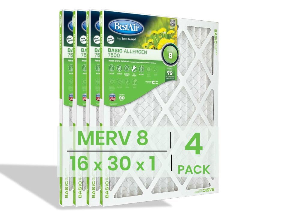 BestAir 16x30x1 Air Filter (4-Pack) | MERV 8 Basic Allergen 7500 HVAC AC Furnace Filter | Replacement Air Filter for Residential & Commercial Use | Made in USA | Actual Size (15.75 x 29.75 x 0.75)
