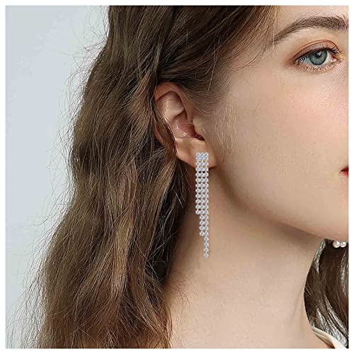 Andelaisi Boho Rhinestone Tassel Earrings Silver Long Crystal Chain Earrings Long Crystal Cz Drop Earrings Vintage Cz Tassels Chain Earrings Wedding Chandeliers Dangle Earrings Jewelry for Women3